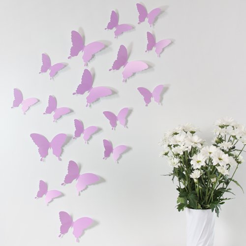 Wandkings "Schmetterlinge im 3D-Style" in FLIEDER zur Wanddekoration, 12 STÜCK im Set mit Klebepunkten zur Fixierung