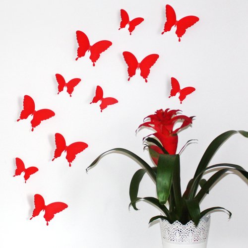 Wandkings "Schmetterlinge im 3D-Style" in ROT zur Wanddekoration, 12 STÜCK im Set mit Klebepunkten zur Fixierung